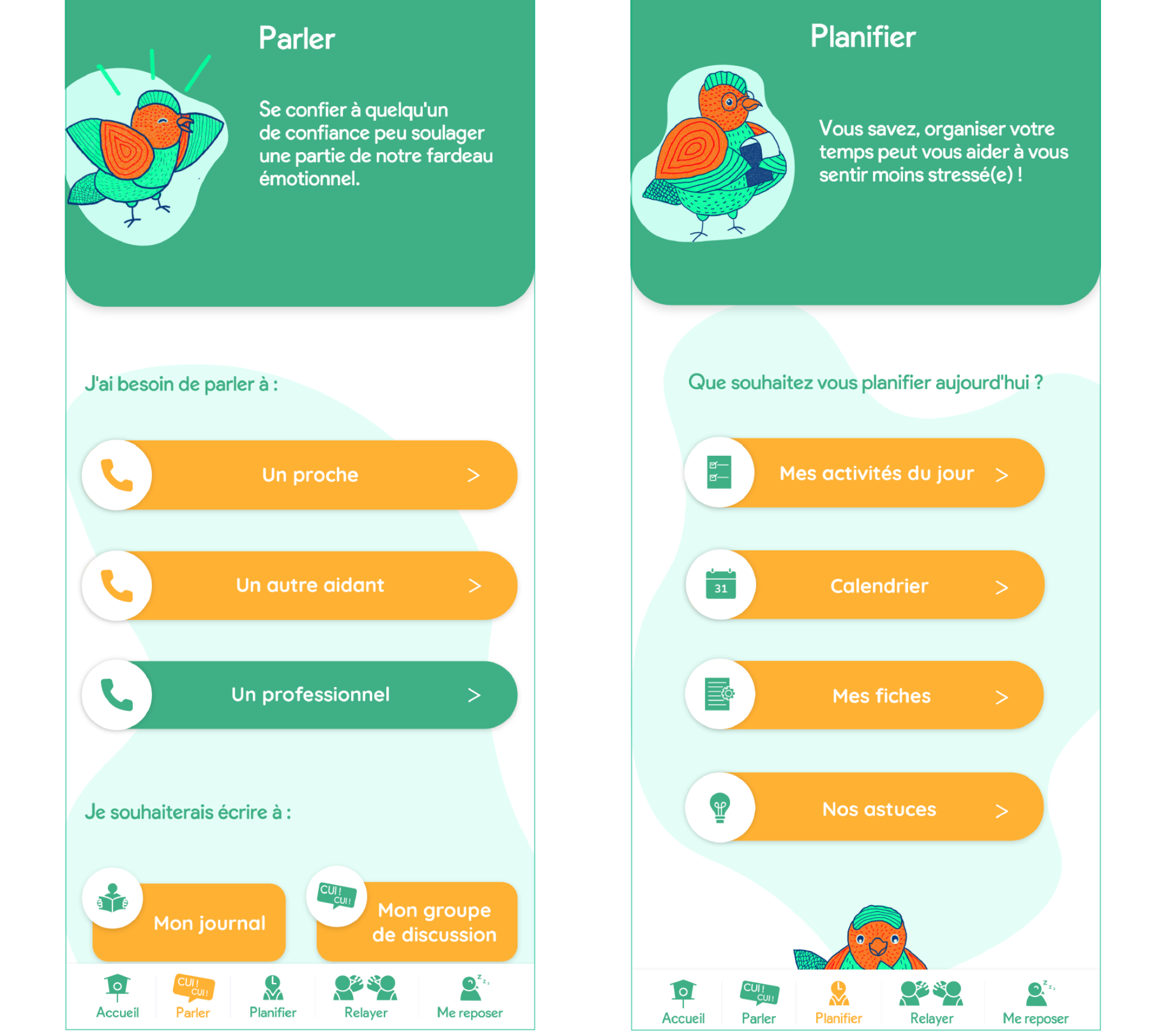 Présentation des écrans ‘Parler’ et ‘Planifier’ de l’application ‘Les Inséparables’, conçue pour soutenir les aidants familiaux.