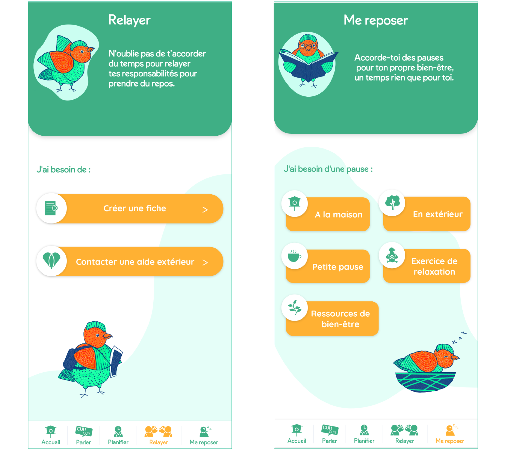 Présentation des écrans ‘Relayer’ et ‘Me reposer’ de l’application ‘Les Inséparables’, conçue pour soutenir les aidants familiaux.